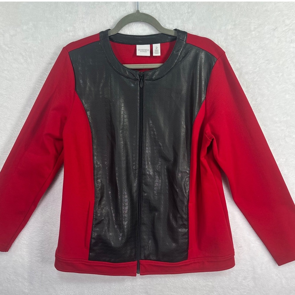 Weekends by Chico's Jacket Women M Red Black Faux Leather Front Zip Up